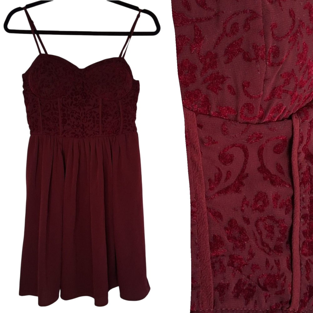 Chic Wine Red Devore Velvet Bodice Mini Dress
